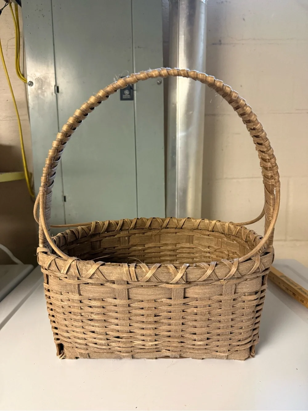 Vintage Hand Crafted Natural Tan Woven Basket with Handle Rustic